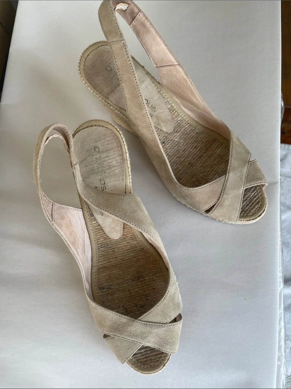 Andre Assous Taupe Suede Crisscross Slingback Wedge Sandals